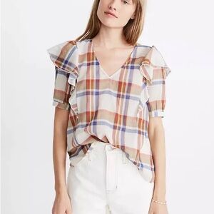 Madewell Women's V-Neck Shoulder-Ruffle Top from Madewell in Plaid